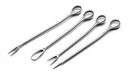 Four metallic surgical instruments with varying tips and serrated shafts, isolated on white.