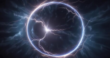 Ethereal glow surrounds a swirling blue circle as it expands into a mesmerizing lightning aura , blue circle, electric atmosphere