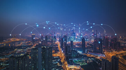 Smart digital Innovation city with connection network reciprocity over the cityscape. of future smart wireless digital city and social media networking systems that connects people with in city