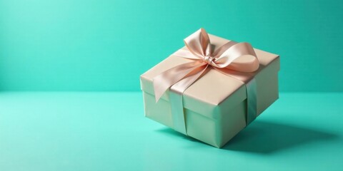 Obraz premium A delicately wrapped gift box, showcasing a pale beige hue and adorned with a soft blush satin ribbon, rests subtly on a tranquil teal surface