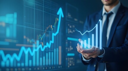 Businessman illustrates growth graph and analyzes financial data for strategic business planning and investment progress on a blue background

