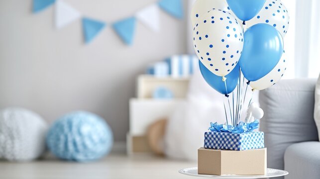 6.Birthday card design with bright blue and white inflatable balloons floating against a soft background, tailored for a boy celebration; bold birthday greeting text stands out, creating a cheerful