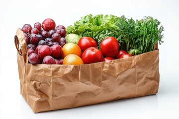 Full paper bag with food. Flat lay. A filled paper bag with a variety of different healthy foods. on a white background.