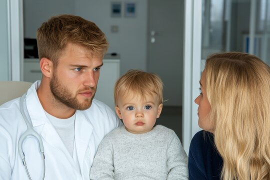 A family doctor discussing preventative care options with a mother and her child in a calming clinical environment
