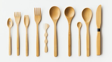 A flat lay of eco-conscious bamboo utensils with a clean white background.--ar 16:9