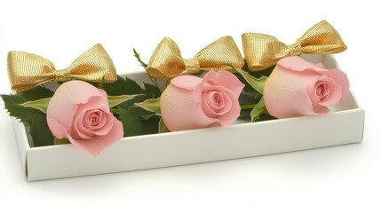 Four pink roses in a white box with gold bows.