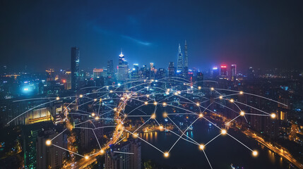 Fototapeta premium Smart digital Innovation city with connection network reciprocity over the cityscape. of future smart wireless digital city and social media networking systems that connects people with in city