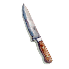 Artistic Illustration of a Utility Knife with Pastel Coloring and Detailed Wood Handle Design