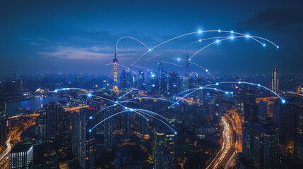 Smart digital Innovation city with connection network reciprocity over the cityscape. of future smart wireless digital city and social media networking systems that connects people with in city