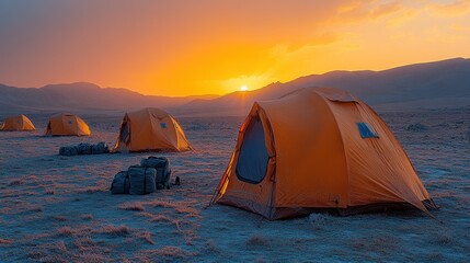 Tents set up in a serene landscape at sunset, ideal for camping and outdoor adventures.