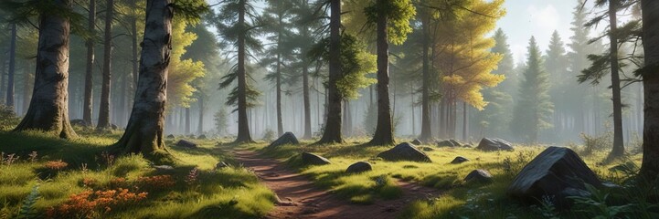 Forest landscape with Bombax anceps Pierre in the distance, deciduous tree rows, hillside