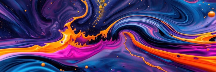 Abstract fluid art, cosmic swirls, vibrant colors, orange and blue waves, galaxy-inspired, painterly texture, dynamic composition, celestial theme, starry night, colorful nebula, flowing energy, surre