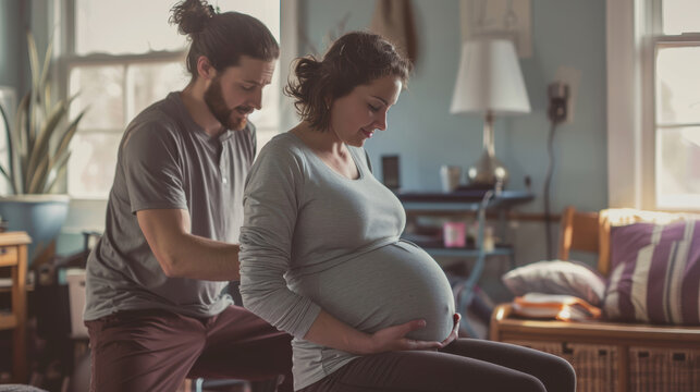 Expecting Parents in Birthing Class Practicing Techniques with Instructor Guidance