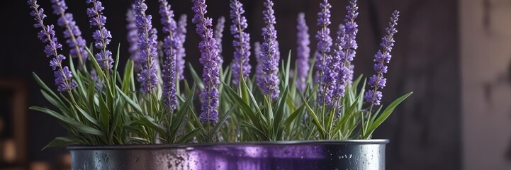 Obraz premium Fresh lavender and lilac stems in a mercury glass container, mercury glass, container, flower
