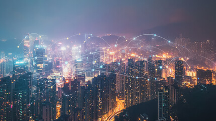 Smart digital city with connection cyber security network reciprocity over the cityscape . future smart wireless digital city and social media networking systems that connects people within the city
