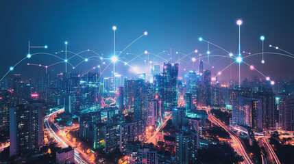 Fototapeta premium Smart digital city with connection cyber security network reciprocity over the cityscape . future smart wireless digital city and social media networking systems that connects people within the city
