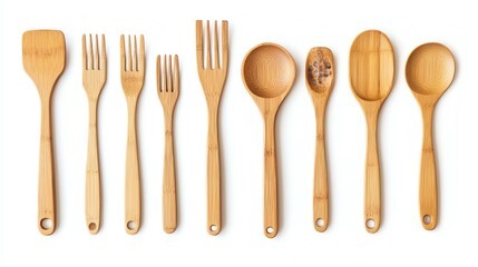 A flat lay of eco-conscious bamboo utensils with a clean white background.--ar 16:9