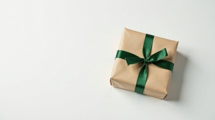 A simply wrapped gift box with a dark green ribbon bow rests on a white background, ready for giving