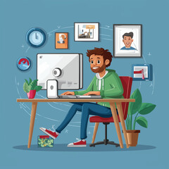 Naklejka premium Freelancer sitting by computer working from home Victor Art with cartoon