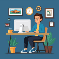 Freelancer sitting by computer working from home Victor Art with cartoon