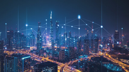 Fototapeta premium Smart digital city with connection cyber security network reciprocity over the cityscape . future smart wireless digital city and social media networking systems that connects people within the city