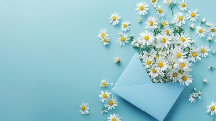 57.Soft pastel blue background with a vibrant blue envelope spilling chamomile flowers, creating a light and airy spring composition; ideal for Mother's Day, Father's Day, or birthday greetings.