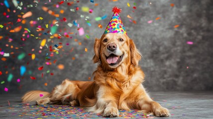 94.Golden retriever dog enjoying a birthday celebration, wearing a bright party hat with colorful confetti floating in the air; a fun, heartwarming image for festive occasions or pet-friendly