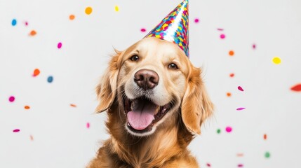 94.Golden retriever dog enjoying a birthday celebration, wearing a bright party hat with colorful confetti floating in the air; a fun, heartwarming image for festive occasions or pet-friendly