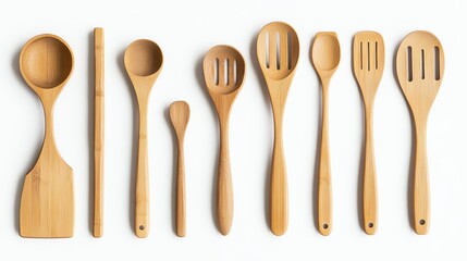 A flat lay of eco-conscious bamboo kitchen utensils on a white background.--ar 16:9