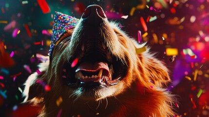 92.Golden retriever dog with an excited expression, wearing a party hat as confetti rains down; the scene captures joy and celebration, with vibrant colors and a festive atmosphere.