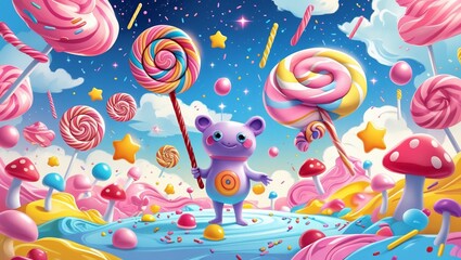 a cartoon character surrounded by candy and candis