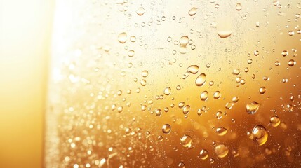 Close-Up View of Water Droplets on Glass with Golden Background