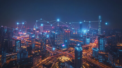 Fototapeta premium Smart digital city with connection cyber security network reciprocity over the cityscape . future smart wireless digital city and social media networking systems that connects people within the city