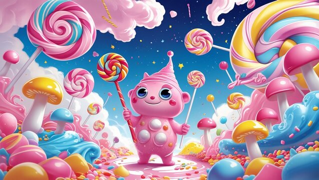 a cartoon character is surrounded by candy and candis