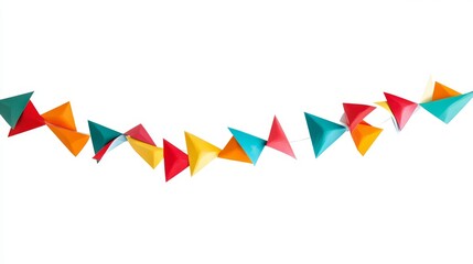 30.Festive triangle pennant garland in various bold colors, arranged in a wavy line to show motion; isolated on white for easy use in banners, this bright decoration brings a cheerful vibe to any