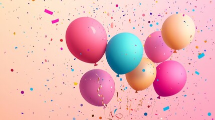 11.Vector template of a birthday greeting with colorful balloons floating across an abstract background; festive party elements like confetti and streamers surround the Happy Birthday text, creating