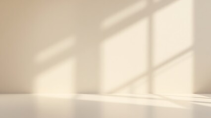 Backdrop light beige podium display for product. Interior room with sunlight and shadows on beige concrete wall surface
