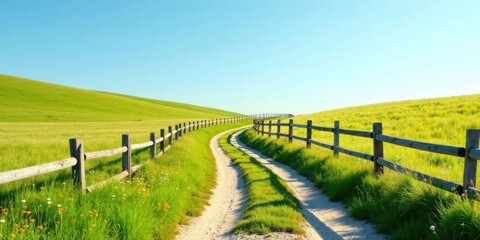 Fototapeta premium Serene Countryside Vista A Picturesque Dirt Road Winding Through Lush Green Fields, Flanked by Rustic Wooden Fences Under a Clear Blue Sky