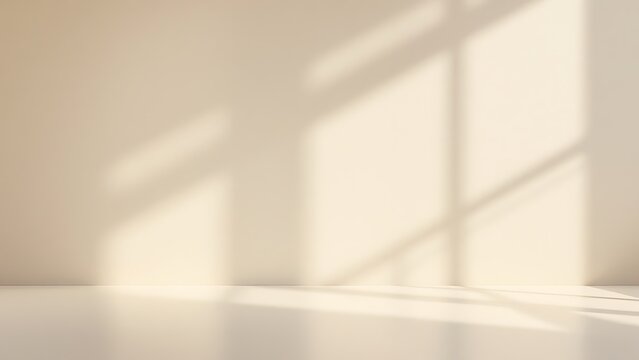 Backdrop light beige podium display for product. Interior room with sunlight and shadows on beige concrete wall surface
