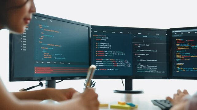 Slow motion back end software developer engineer for computer programming working together on debugging writing computing code, solving complex algorithms display on monitor in office. Burgeoning