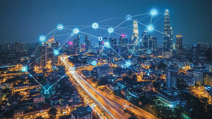 Fototapeta premium Smart digital city with connection cyber security network reciprocity over the cityscape . future smart wireless digital city and social media networking systems that connects people within the city