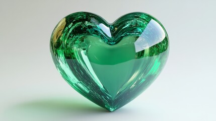 A glossy emerald green 3D-rendered heart with vibrant highlights on a plain white background 