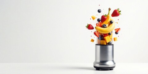A Vibrant Blend of Fresh Fruits Falling into a Modern Blender for a Delicious and Healthy Smoothie