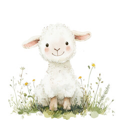 Adorable Illustration of a Cute Lamb Sitting in a Flower-Filled Meadow with a Cheerful Expression