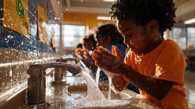 Classroom hygiene - Students washing hands at sink with educational posters on walls