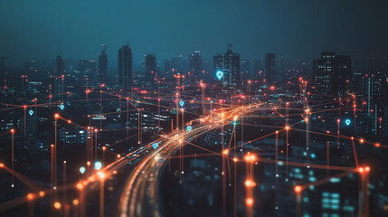 Smart digital city with connection cyber security network reciprocity over the cityscape . future smart wireless digital city and social media networking systems that connects people within the city