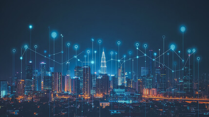 Smart digital city with connection cyber security network reciprocity over the cityscape . future smart wireless digital city and social media networking systems that connects people within the city