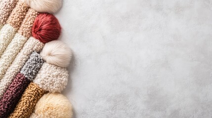 Fototapeta premium Soft Textured Yarn with Pom Poms in Natural Tones on Gray Background