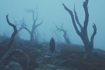 A gothic-style hiker walking through a foggy, shadowy forest, with twisted, bare trees and faint moonlight casting eerie shadows on the ground