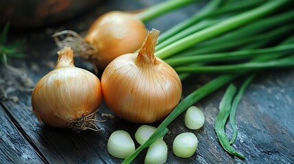 Fresh Onions and Green Onions on Wooden Table. Concept of healthy food, organic produce, and culinary ingredients.